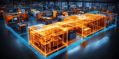 Poster - Industrial facility showcasing advanced technology and digital innovations in production processes at nighttime
