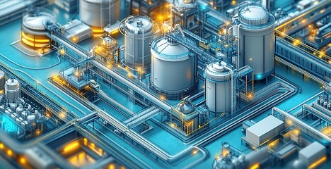 Poster - Industrial facility showcasing intricate pipelines and storage tanks during twilight with illuminated structures