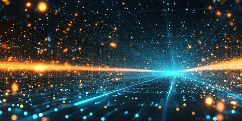 Fototapete - Dynamic lines of light create a vibrant virtual landscape of colors and particles in motion during a digital display