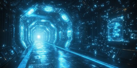 Poster - Futuristic tunnel with glowing blue lights and digital patterns in a sci-fi setting