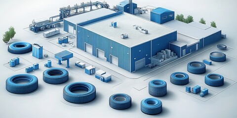 Poster - Modern tire manufacturing facility with production equipment and stacked tires in a well-organized layout