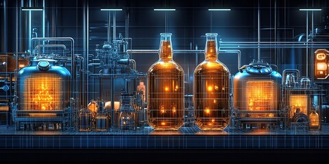 Poster - Modern distillation process in a high-tech facility showcasing glowing glass bottles and industrial equipment at night