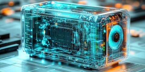 Poster - Innovative technology showcases a transparent computer case glowing with vibrant blue and orange lights in a modern workspace