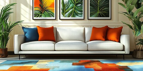 Poster - Cozy living room featuring a stylish sofa with colorful pillows and vibrant artwork on the wall
