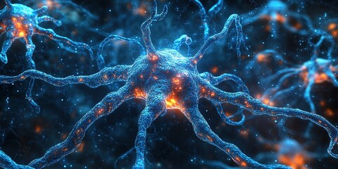 Poster - Neurons with glowing connections in a dark environment showcasing intricate details of brain activity