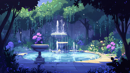 Wall Mural - anime courtyard of whispering fountains that echo forgotten legends retro cartoon illustration. floa