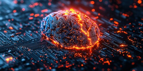 Poster - Creative visualization of a glowing brain on a circuit board with neon lights at night