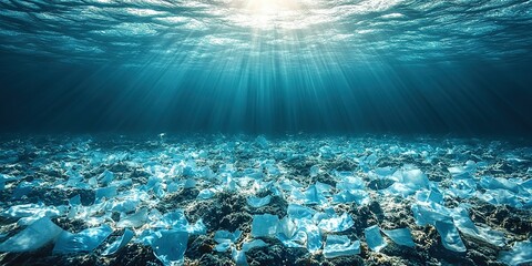 Poster - Underwater landscape with shimmering ice shards illuminated by sunlight in a tranquil ocean setting