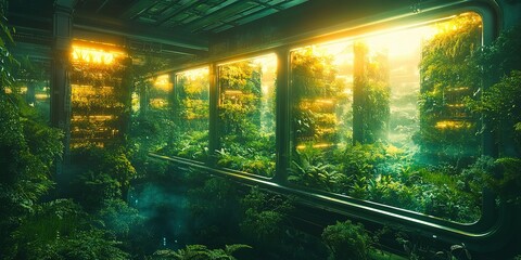 Poster - Lush indoor garden showcasing vibrant greenery in a futuristic greenhouse environment at twilight