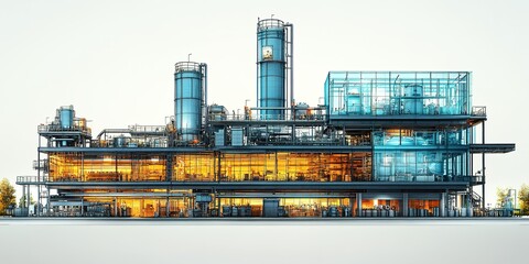 Poster - Modern industrial facility showcasing advanced architecture and operational design in a vibrant urban landscape