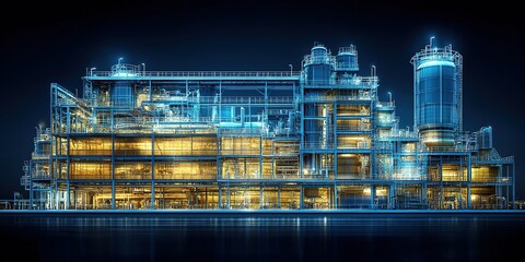 Poster - Industrial facility illuminated at night showcasing advanced engineering and technology