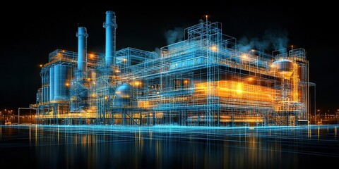 Poster - Power plant created with advanced technology showing vibrant blue and orange structures at night