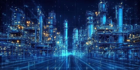 Poster - Futuristic industrial landscape with glowing structures and intricate technology at nighttime
