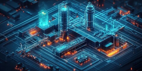 Poster - Futuristic industrial complex with glowing elements and digital connections at night