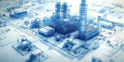 Poster - Complex industrial facility with various structures and pipelines situated in an urban environment during daylight hours