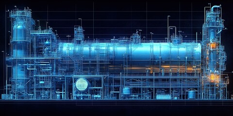 Poster - Industrial facility layout showcasing innovative engineering and advanced technology in a futuristic design