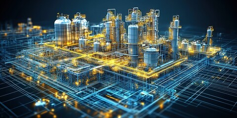 Poster - Industrial facility layout with glowing infrastructure and complex design in a futuristic setting