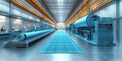 Poster - Digital rendering of a modern manufacturing facility showcasing advanced machinery and production processes