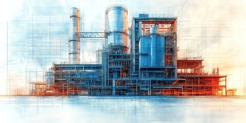 Poster - Modern industrial facility showcasing advanced architecture and engineering in a vibrant urban setting at sunset
