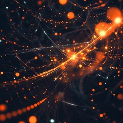 Fototapete - Abstract network of glowing particles in deep space.  Intricate web of orange and gold threads against a dark background.  Many small, bright spots