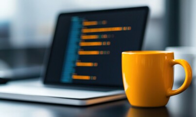 Poster - A bright yellow mug is positioned next to a laptop displaying code, ready for a coding session.