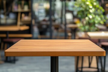 Poster - A close-up view of a wooden table surface in a cozy cafe filled with natural light. The inviting atmosphere features greenery, perfect for relaxation and social gatherings.