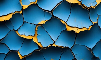 Poster - Severely cracked blue paint reveals a golden underlayer, creating an abstract mosaic pattern.