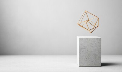 Poster - Geometric copper wire shape elegantly hovers above a concrete cube in a minimalist studio setting.