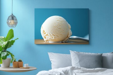 Aufkleber - Creamy ice cream sits on a spoon against a bright blue wall in a cozy, modern living space