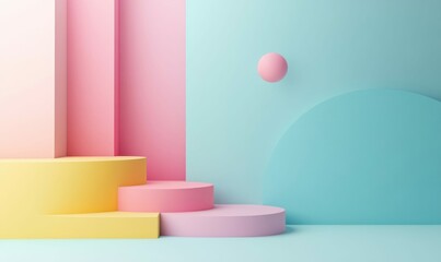Poster - A vibrant pastel scene features geometric platforms and shapes, ideal for product display and modern design.