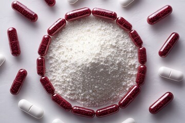 Poster - Capsules surround powdered substance on a clean surface in a well-lit indoor setting