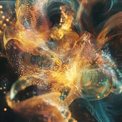 Fototapete - Abstract swirling forms of golden hues, with translucent textures and glowing particles