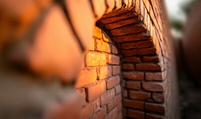 Poster - Golden light illuminates an arched opening in a weathered red brick wall creating a warm scene.