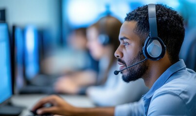 Poster - Young call center operator with headset works alongside colleagues in a busy office environment.
