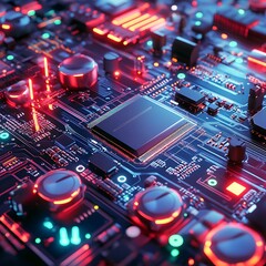 Poster - Close-up of intricate circuit board with glowing components.  Detailed view of microchip, resistors, capacitors, and conductive pathways.  Intricate technology design