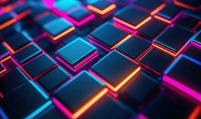 Poster - A mesmerizing arrangement of dark cubes adorned with vibrant neon lights creates a futuristic vibe.