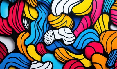 Poster - Vibrant abstract background featuring colorful flowing shapes and bold black lines creating a playful, modern design.