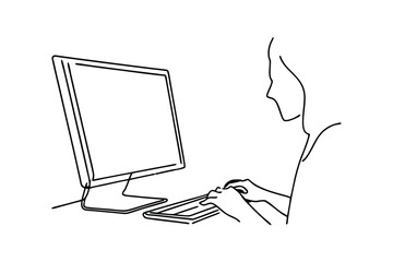 Aufkleber - Person using desktop computer, minimalist line art illustration