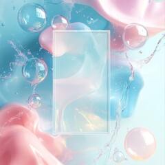 Poster - Abstract Water World: Bubbles, Splashes, and a Frame in a Dreamy Blue and Pink Palette