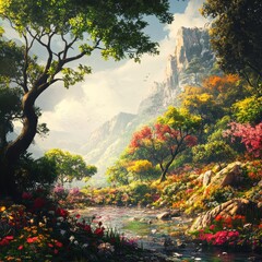 Poster - A Serene Landscape: A Picturesque River Flowing Through a Vibrant Forest with Distant Mountains