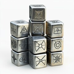 Poster - A Stack of Metallic Cubes with Engraved Symbols in a Pyramid Formation, Against a Clean White Background