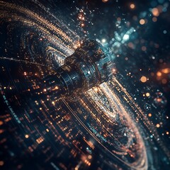 Fototapete - Abstract swirling futuristic mechanism.  A complex, rotating, metallic structure embedded within a swirling, energetic field of light and particles.  