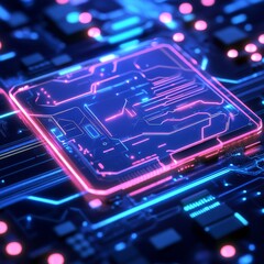 Leinwandbilder - Neon Glow: A Close-Up of a Futuristic Computer Chip and Circuit Board with Vibrant Pink and Blue Lighting