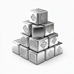 Poster - Silver Cube Stack with Symbolic Engravings on a Clean White Background, Metal Art Pyramid.