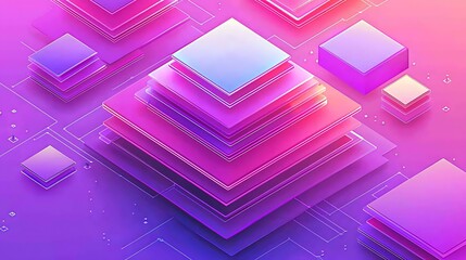 Poster - Abstract 3D graphic design of layered squares in vibrant, gradient colors.  Interconnected geometric shapes create a sense of depth and technology