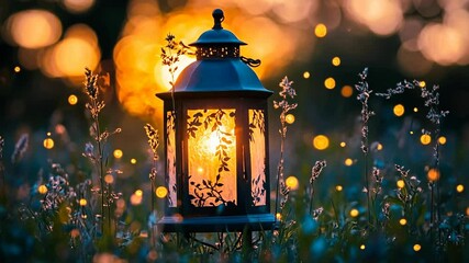Wall Mural - lantern glowing in a field at sunset with bokeh lights in the background