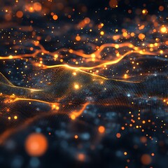 Fototapete - Abstract digital wave pattern with glowing particles.  Dynamic interplay of light, dark, and luminous elements create a sense of energy and motion.  