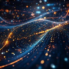 Fototapete - Abstract digital wave pattern.  Dynamic glowing particles flowing in wavy lines against a dark background