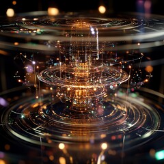 Poster - Abstract digital display.  Complex, layered rings, emitting light, connected by particles.  Intricate, glowing structure