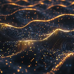 Fototapete - Abstract digital waves of energy and light.  Detailed patterns of  glowing particles and lines create dynamic, undulating forms